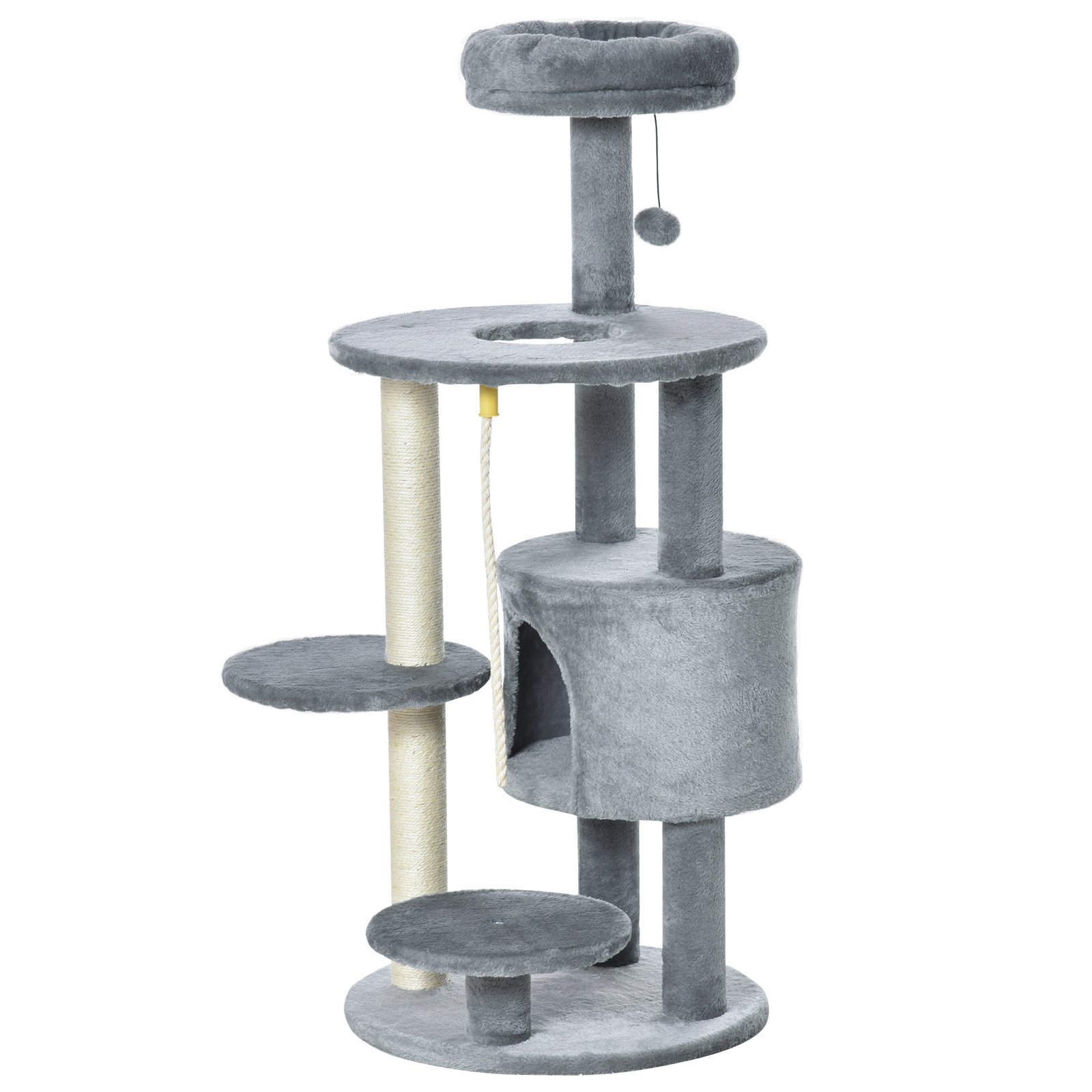 PawHut Cat Tree Tower for Indoor Cats 112cm Climbing Kitten Activity Center with Jute Scratching Post Perch Hanging Ball Toy Teasing Rope Dark grey - Image 8