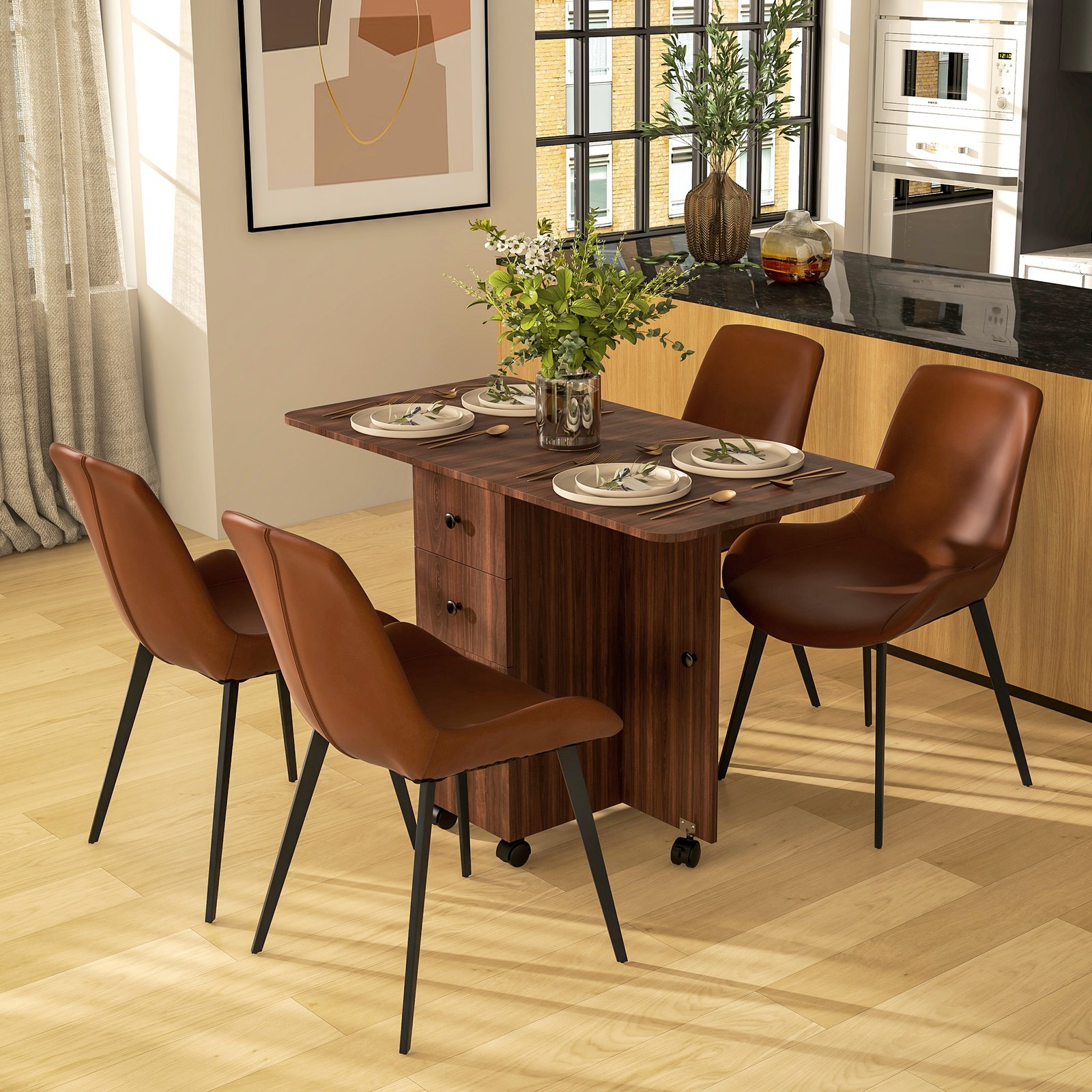 HOMCOM Multi-Storage Six-Person Drop Leaf Dining Table - Distressed Brown - Image 2