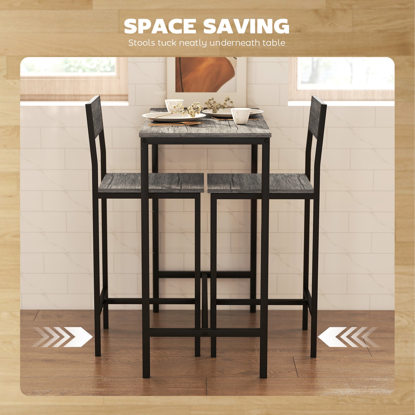 HOMCOM 3-Piece Bar Table Set with 2 Stools, Industrial Breakfast Bar Set with Footrest, Backrest for Dining Room, Small Space - Image 5