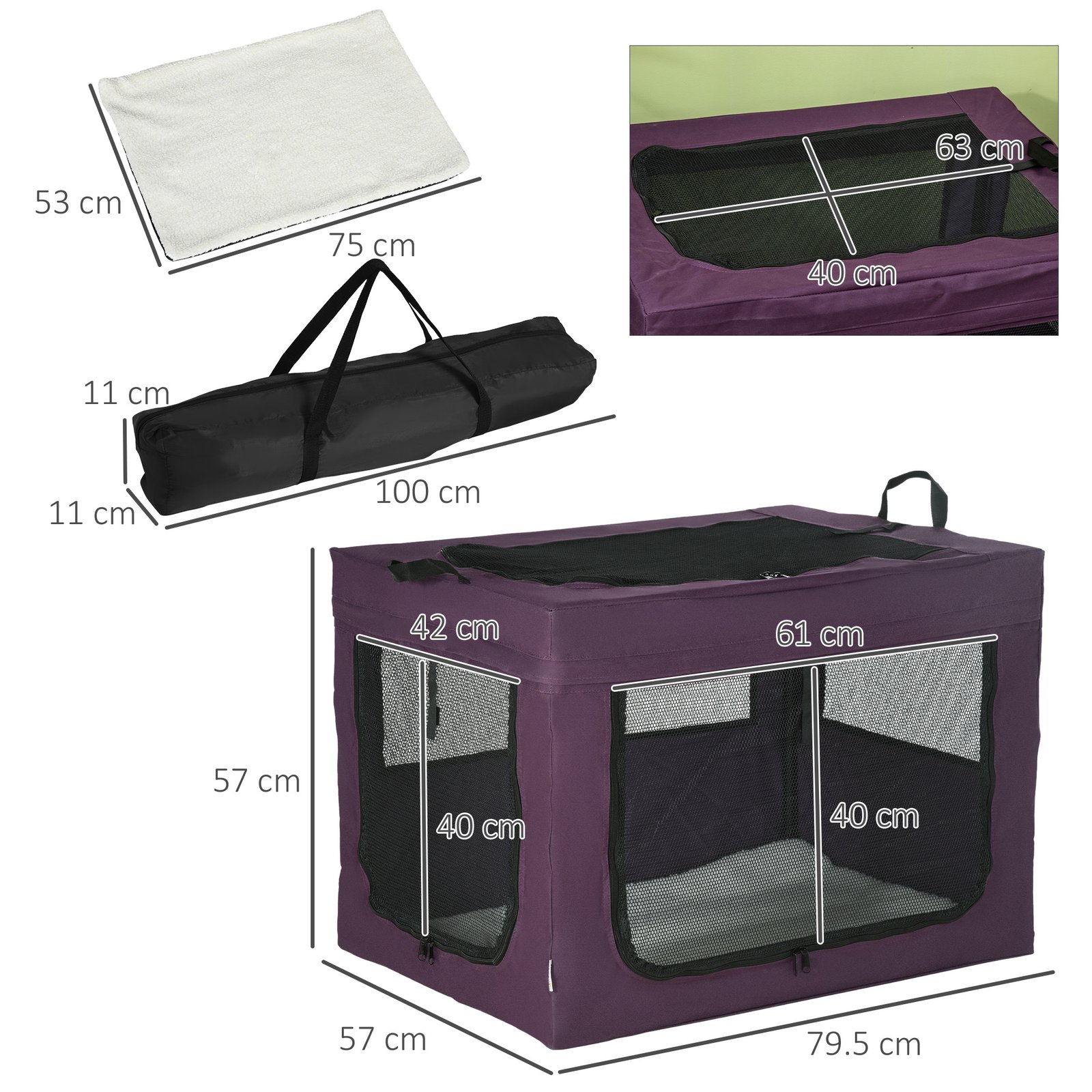 PawHut 80cm Pet Carrier, with Cushion, for Small and Medium Dogs - Purple - Image 3