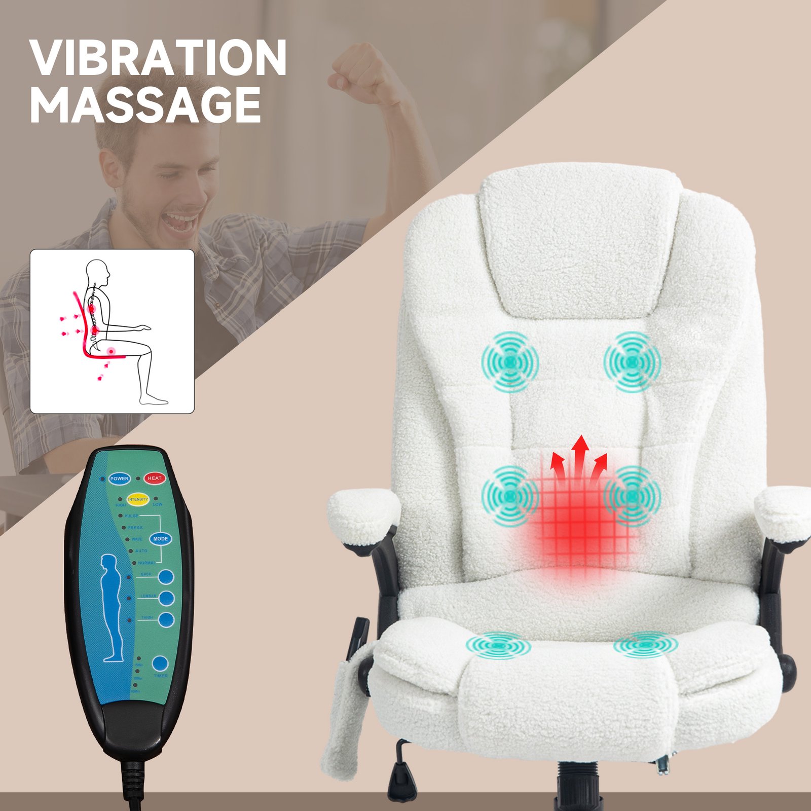 Vinsetto Boucle Six-Point Massage Office Chair - White - Image 4