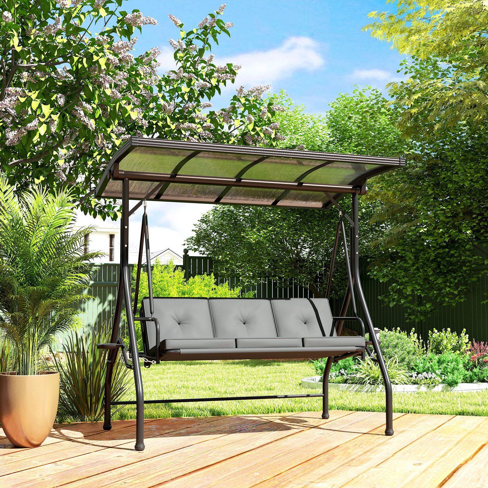 Outsunny Convertible Three-Seater Swing Bench Bed - Dark Grey - Image 8