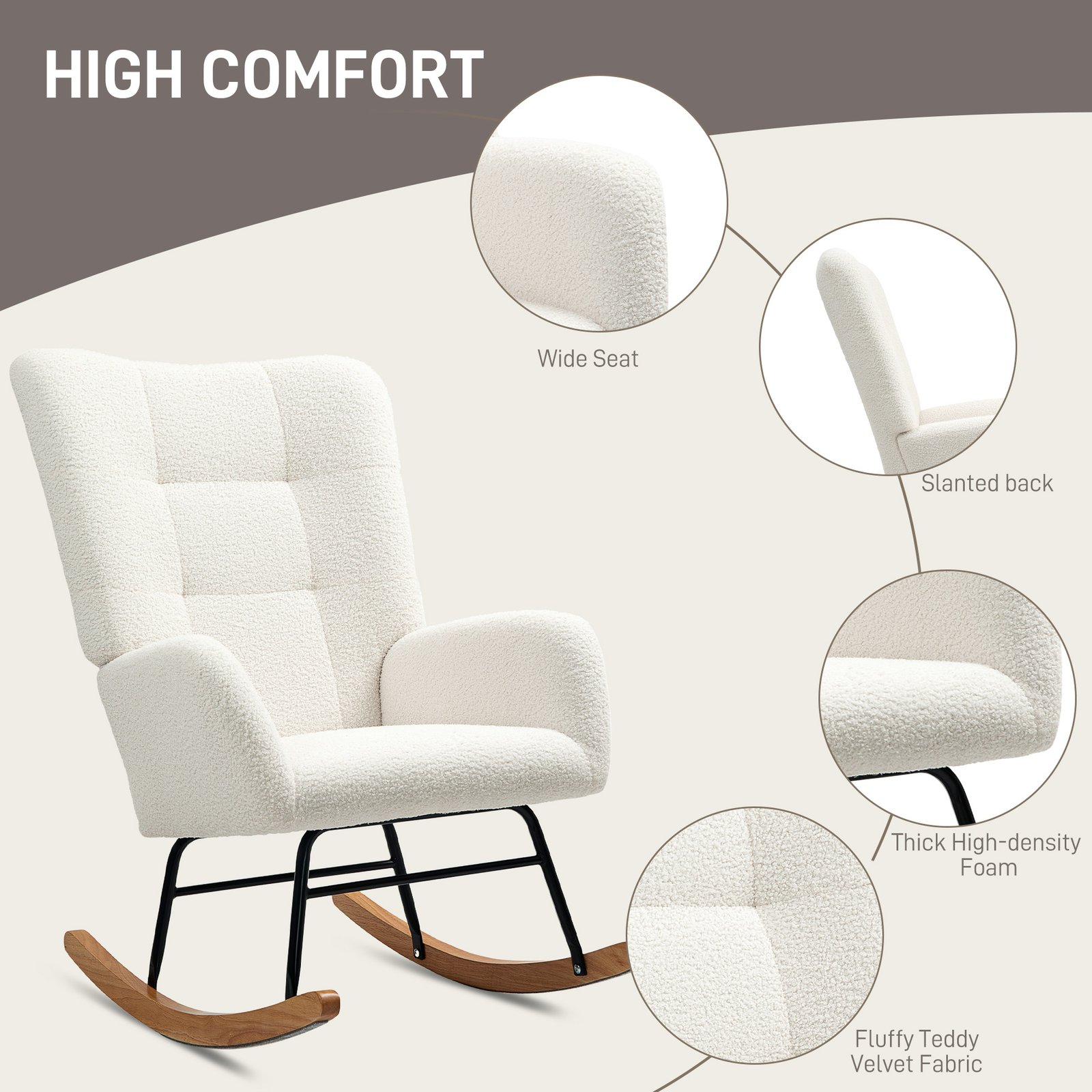 HOMCOM Teddy Fleece Rocking Chair - Cream White - Image 5