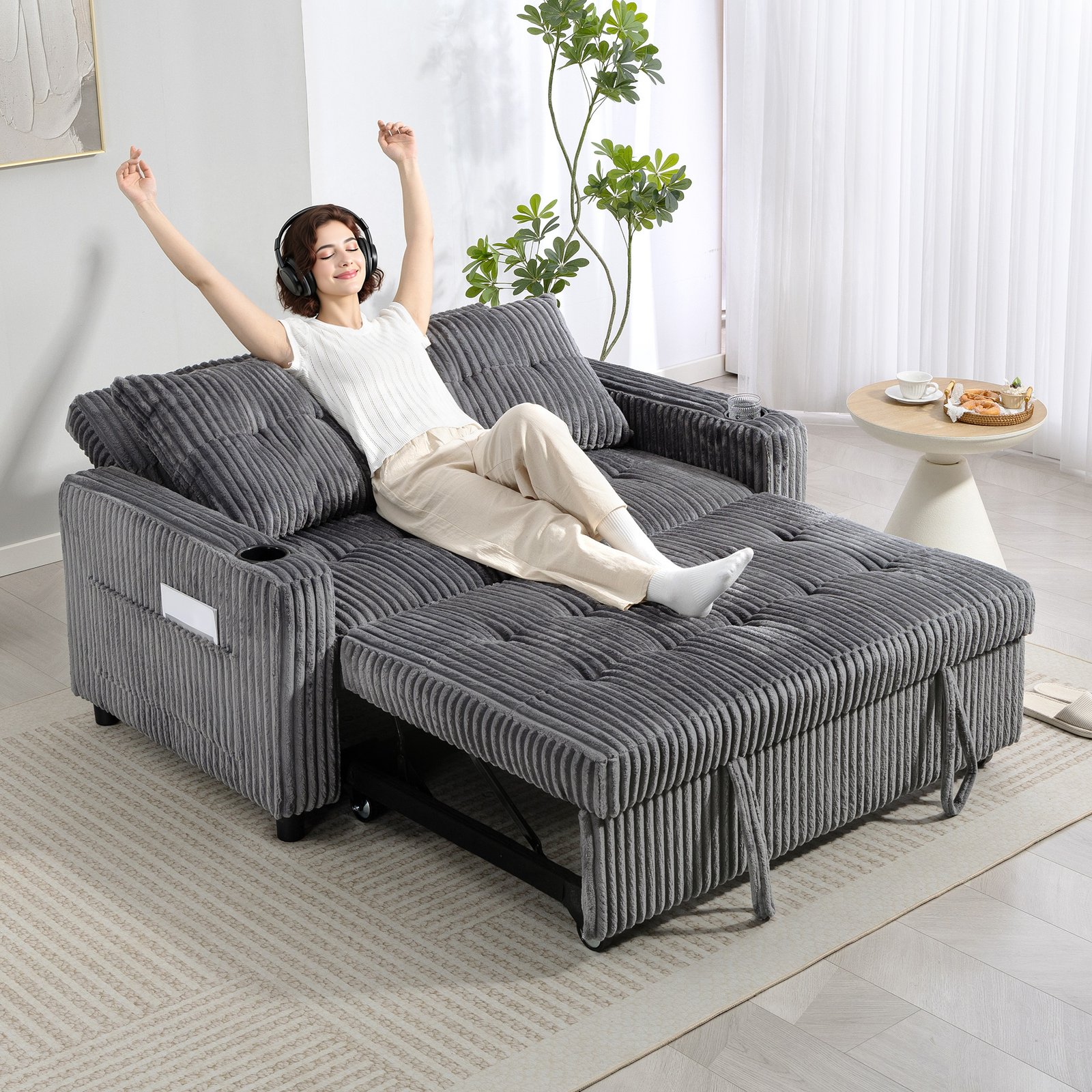 HOMCOM 2 Seater Click Clack Sofa Bed with Pull Out Design, Corduroy Upholstery - Charcoal Grey - Image 8