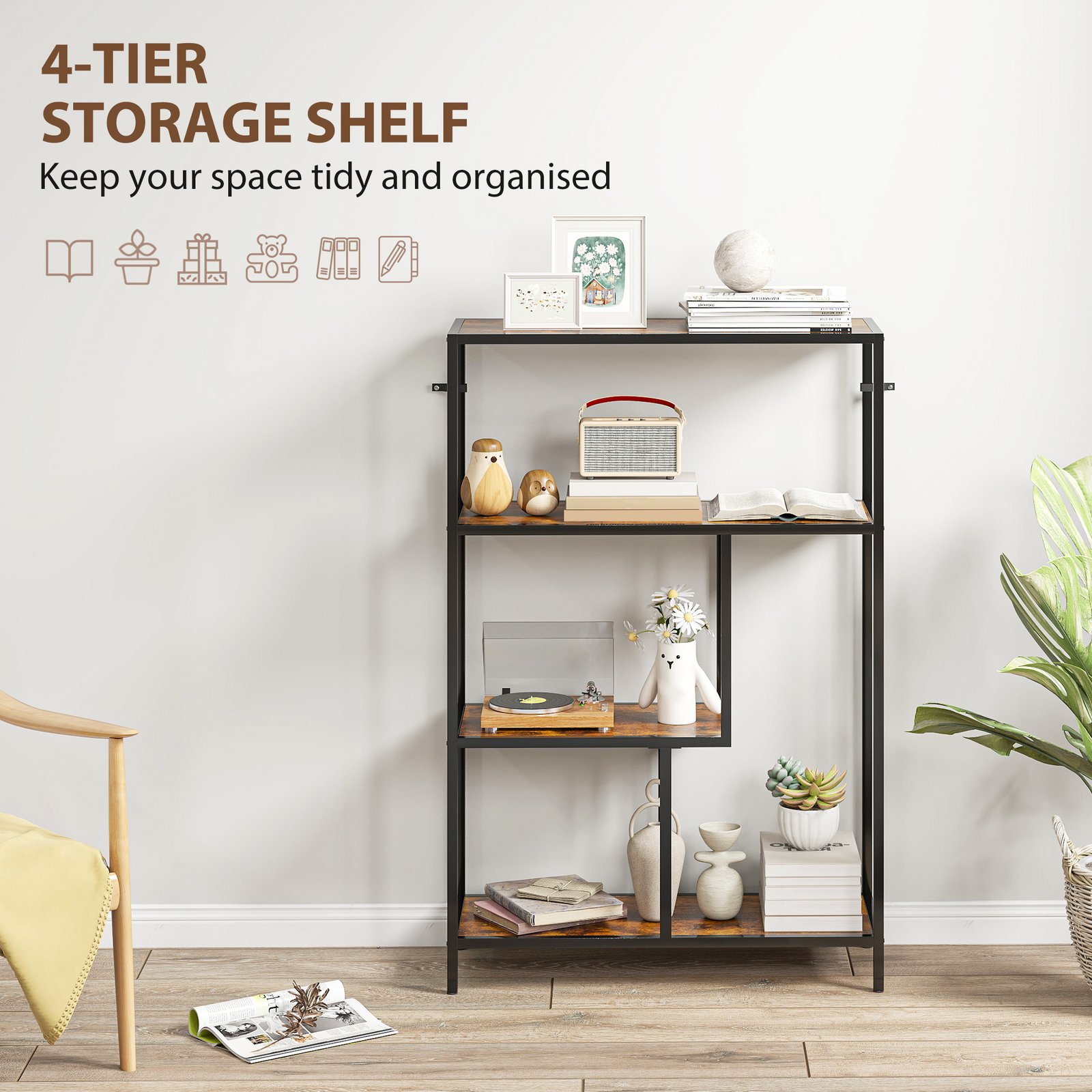 HOMCOM 4-Tier Bookshelf with Open Shelves - Rustic Brown - Image 4
