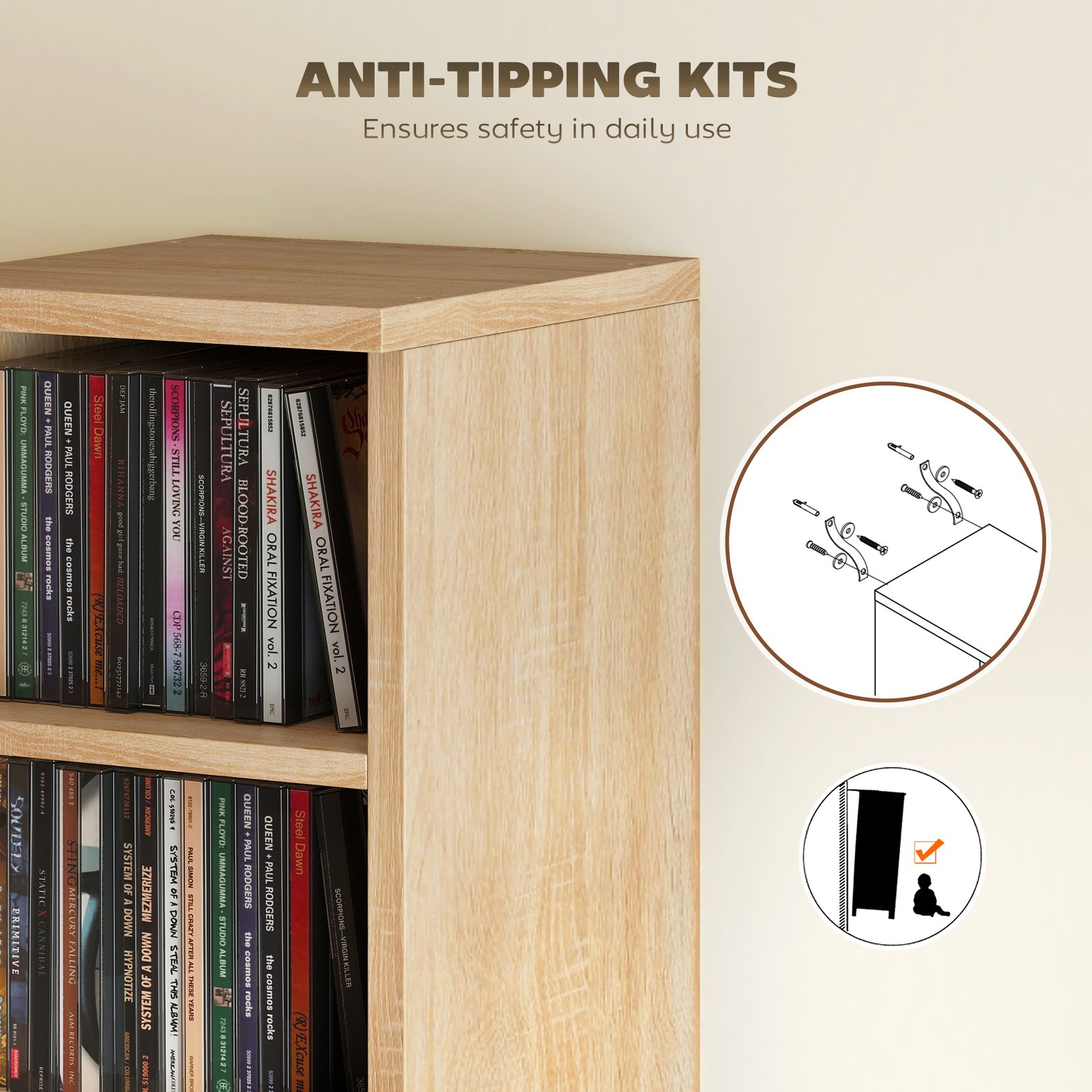 HOMCOM Set of 2 CD Media Display Shelf Unit Tower Rack with Adjustable Shelves, Oak - Image 7
