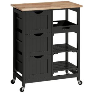 HOMCOM Rolling Kitchen Island Cart, Bar Serving Cart, Compact Trolley on Wheels with Wood Top, Shelves & Drawers for Home Dining Area, Black