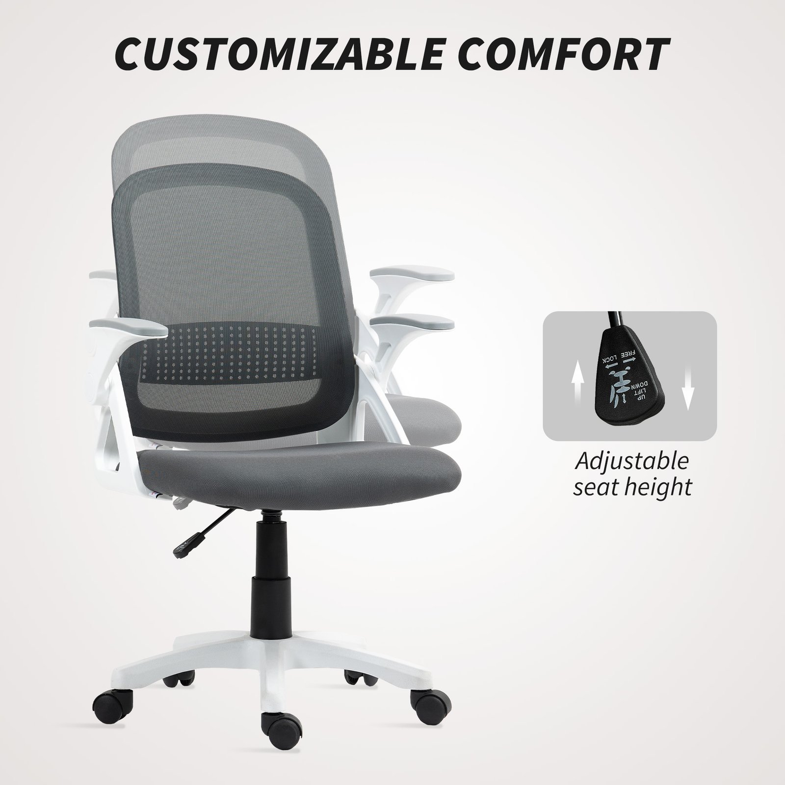 HOMCOM Breathable Mesh Office Chair, Ergonomic Swivel Computer Chair with Flip-up Armrests, Lumbar Back Support for Home/Office, Grey - Image 6
