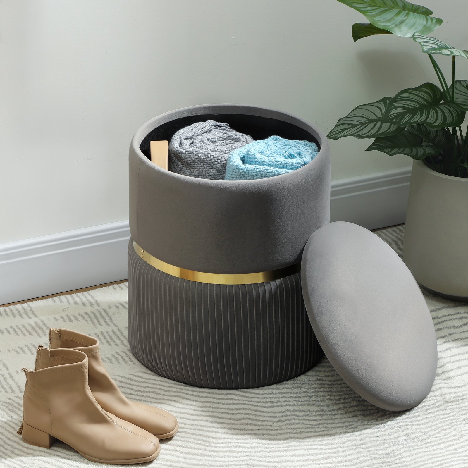 HOMCOM Velvet-Feel Storage Ottoman - Grey - Image 8