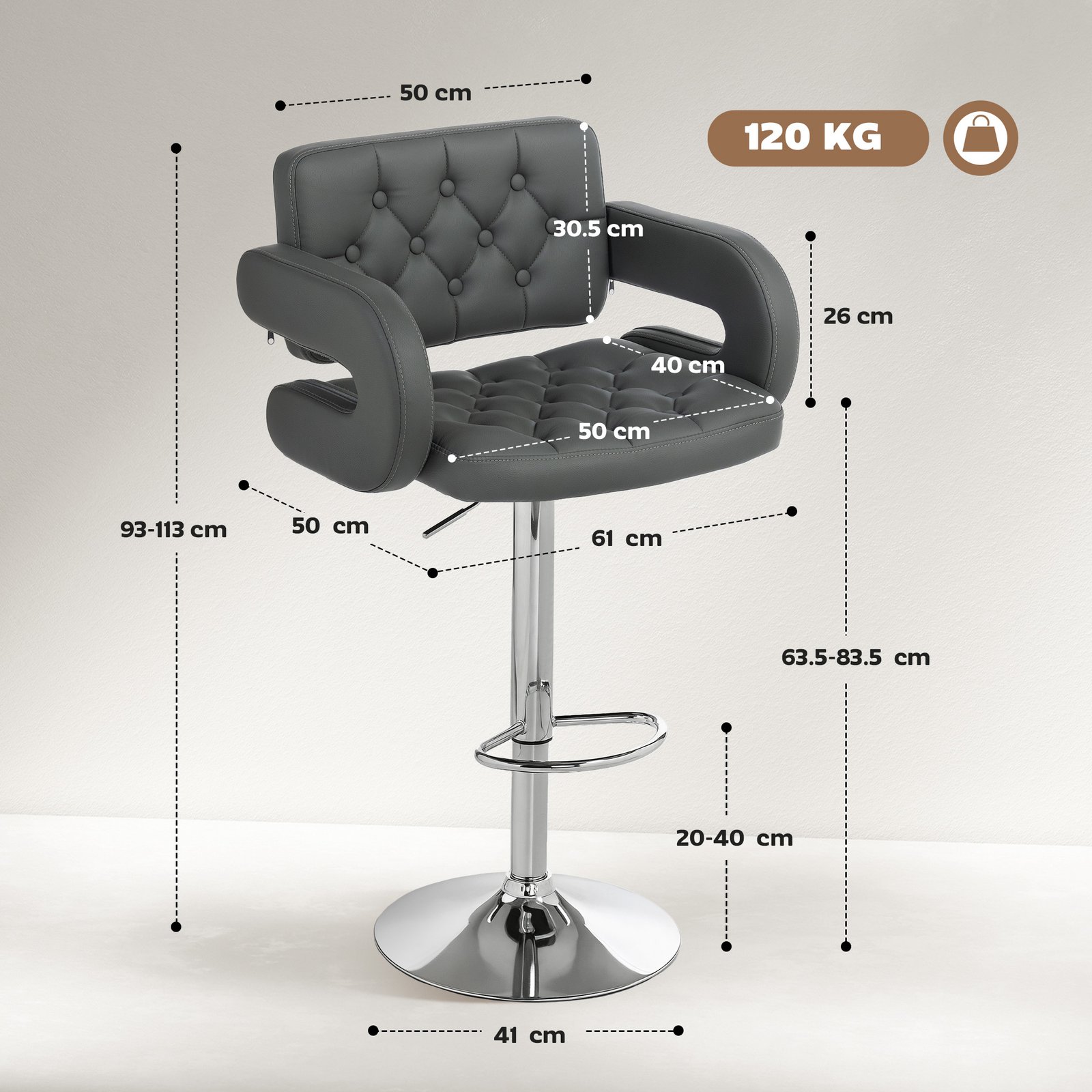 HOMCOM PU Leather Upholstered Swivel Bar Stool, Height Adjustable with Back, Armrest, Footrest, Grey - Image 3