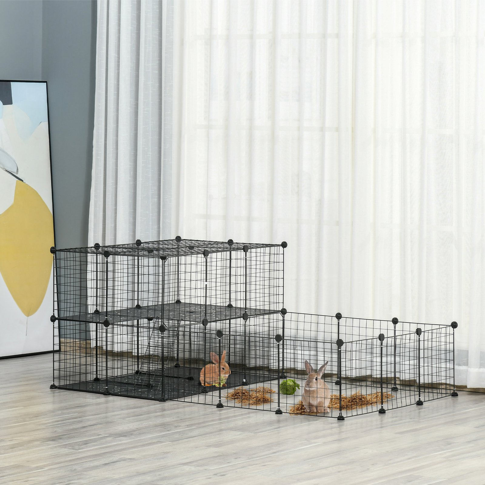 PawHut Pet Playpen with Door, Guinea Pigs Metal Mesh Cage for Small Animal, Chinchilla, 175 x 105 x 70 CM, Black - Image 2