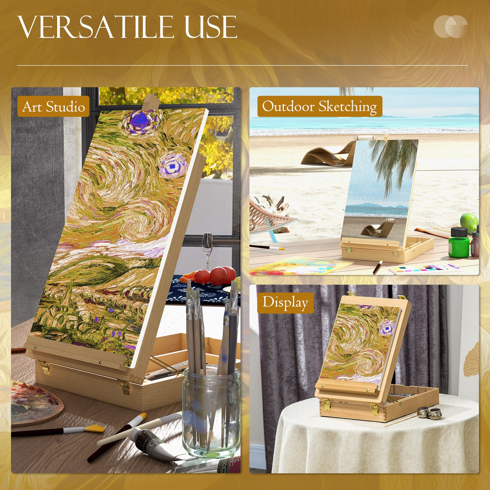Vinsetto Wooden Table Easel Box Hold Canvas up to 61cm, Adjustable Beechwood Storage Table Box Easel, Portable Folding Artist Drawing & Sketching Board for Adults, Beginners, Artists Painting - Image 8