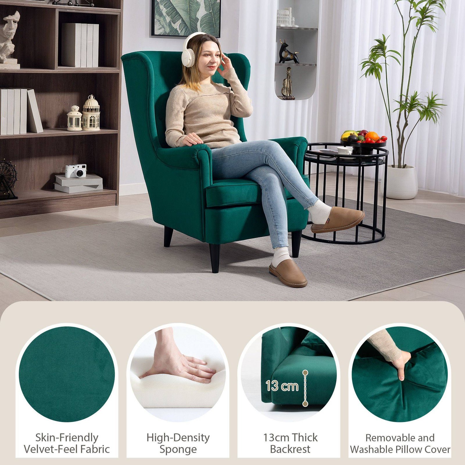 HOMCOM Modern Accent Chair, Upholstered Wingback Armchair with High Backrest and Pillow, Velvet-Feel Fabric Reading Chair with Solid Wood Legs for Living Room, Bedroom, Home Office, Dark Green - Image 4