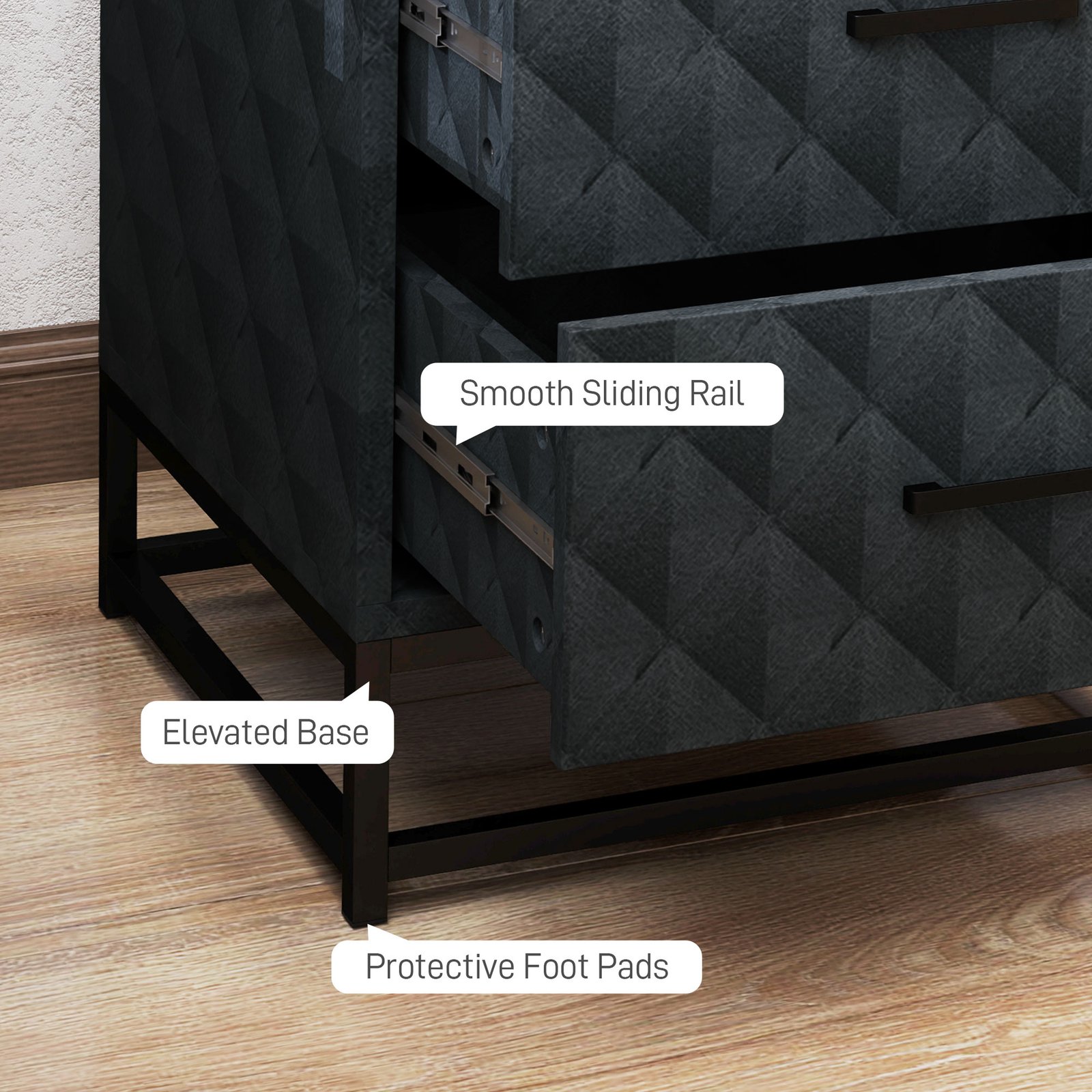HOMCOM Bedside Tables Set of 2, Modern Bedside Table Nightstand with 2 Drawers, Bedside Cabinet Sofa Side Table with Storage, Steel Legs for Bedroom, Living Room, Black - Image 6