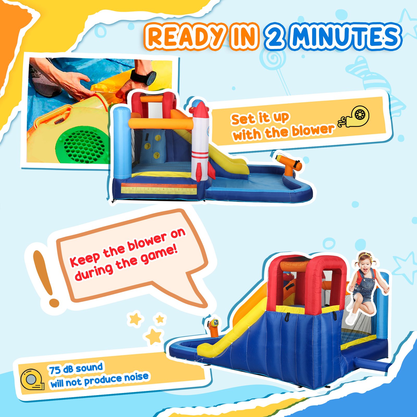 AIYAPLAY 5 in 1 Bouncy Castle for Children with 550W Blower, Water Slide, Splash Pool, Jumping Area, Climbing Wall, Cannon - Image 7