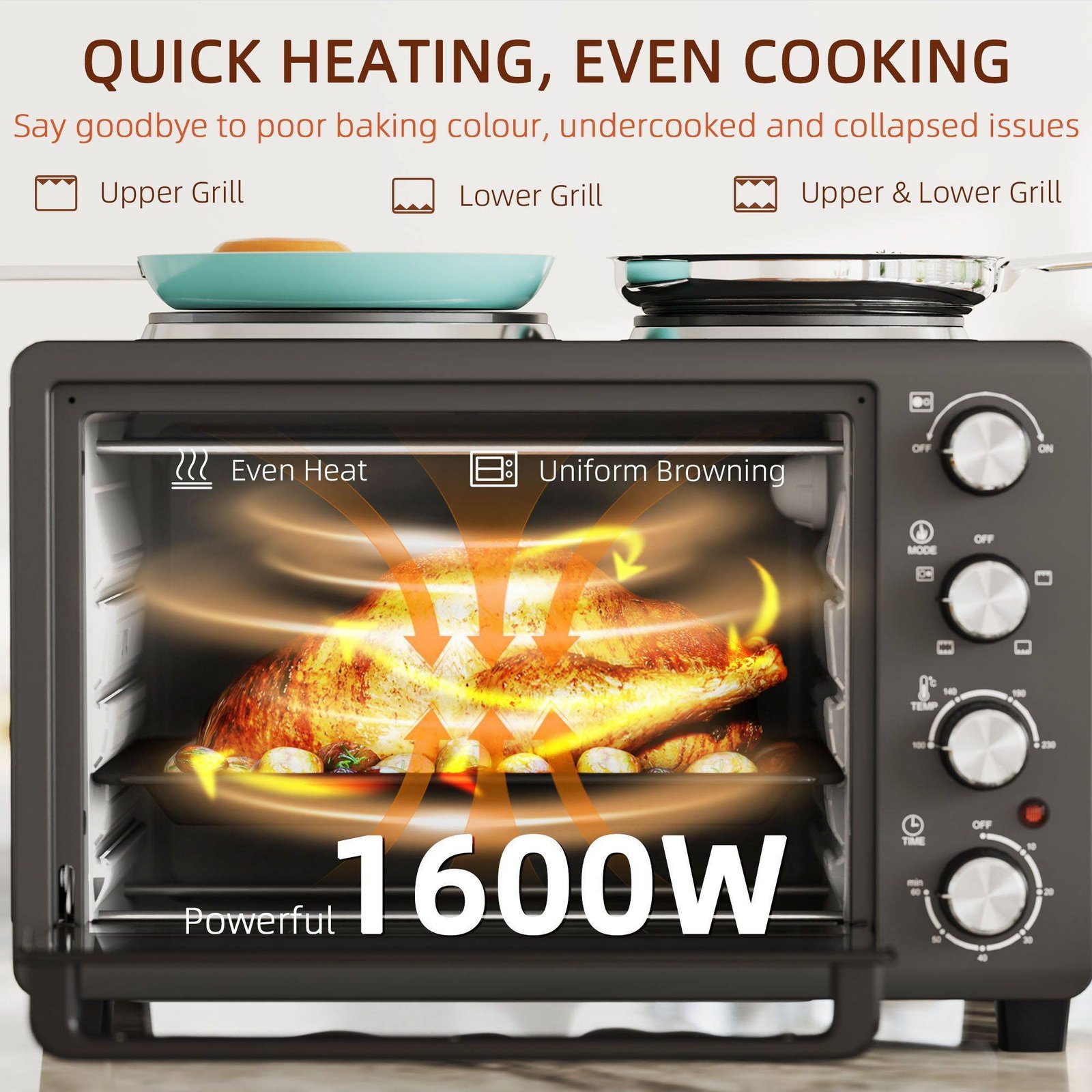 HOMCOM 28L Mini Oven with 2 Hot Plates, Countertop Toaster Oven, Grill, Roast, Bake, Boil, with Timer, Adjustable Temperature, Electric Oven with Baking Tray, Grill Rack, Crumb Tray, 2600W, Black - Image 7