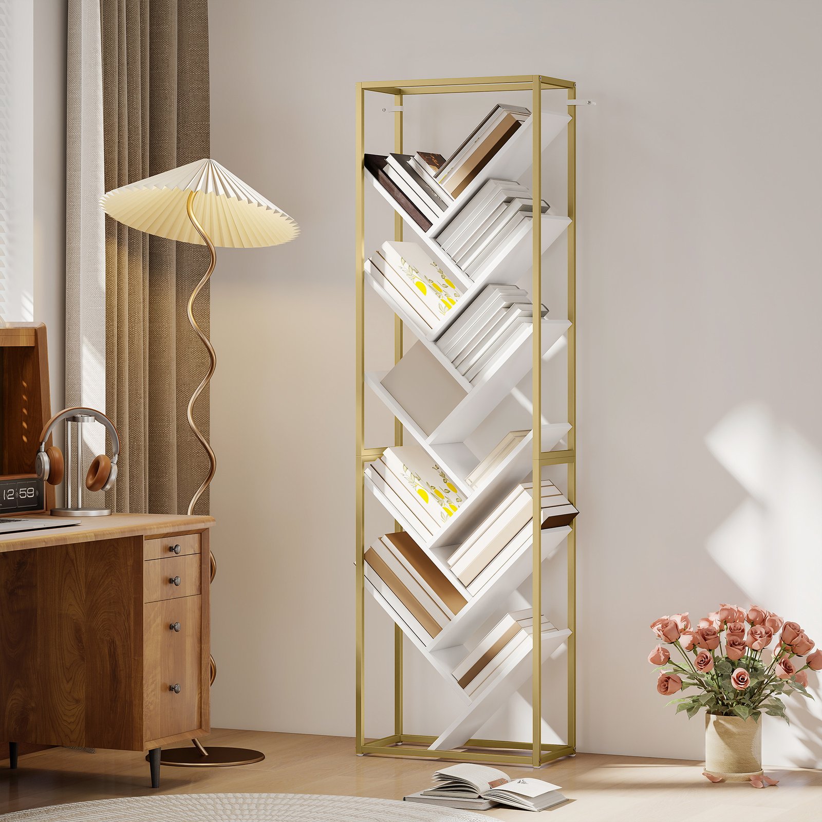 HOMCOM 10 Shelf Modern-Style Bookshelf - Gold Tone/White - Image 2