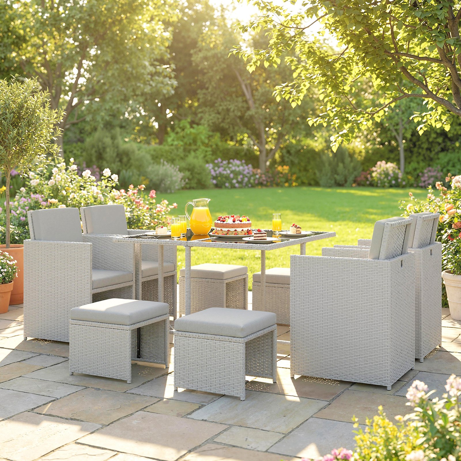 Outsunny 9 Piece Rattan Cube Garden Furniture Dining Set with Armchairs, Footstools and Glass-Top Table, Light Grey - Image 9
