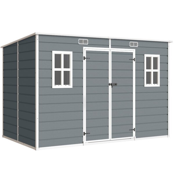 Outsunny 10 x 6 ft Resin Garden Shed, Outdoor Storage Shed with Floor, Windows, Lockable Doors and Vents, Grey Outsunny 10 x 6 ft Resin Garden Shed, Outdoor Storage Shed with Floor, Windows, Lockable Doors and Vents, Grey