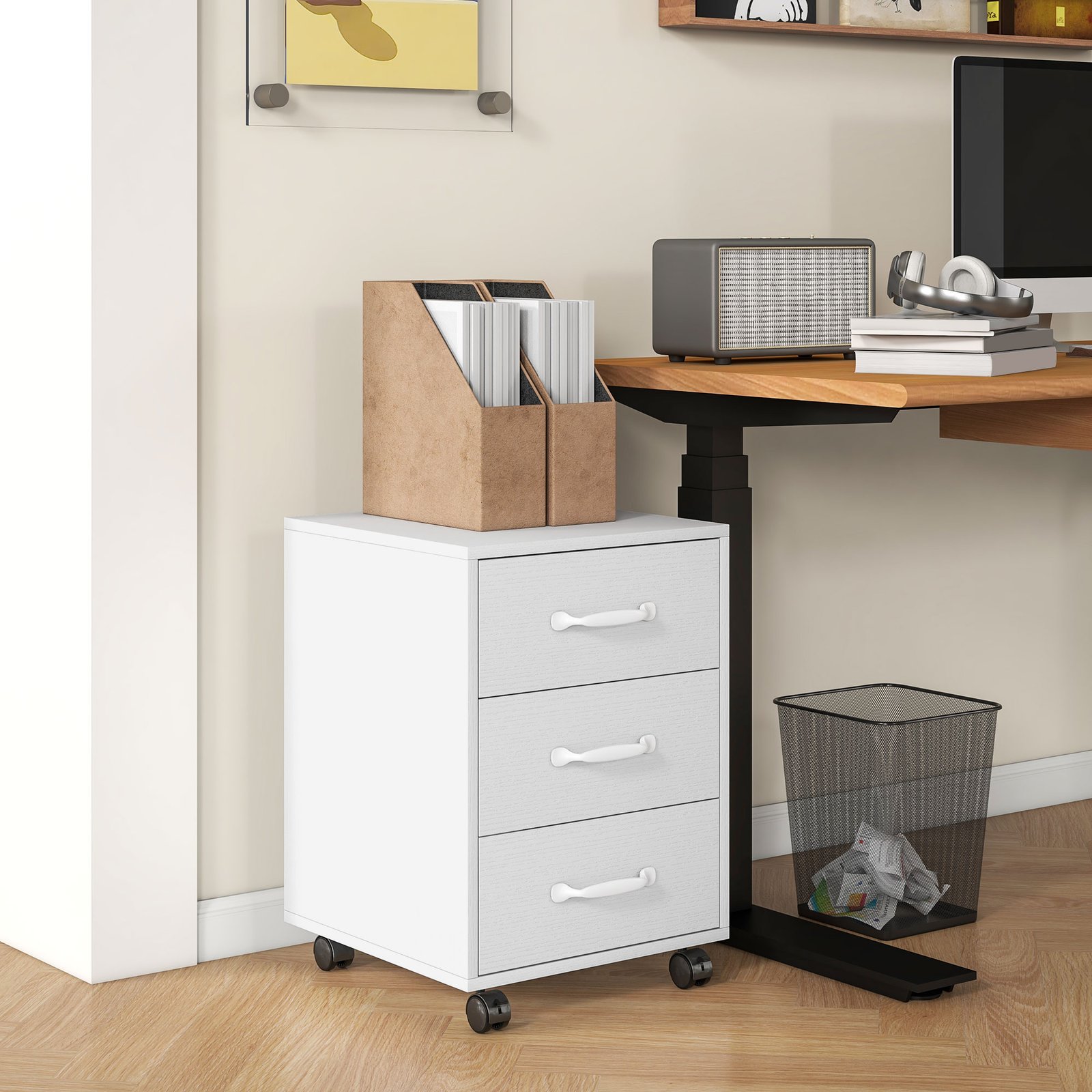 HOMCOM 3 Drawer File Cabinet, Mobile Filing Cabinet on Wheels for Home Office, Study, White - Image 2