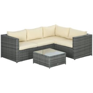 Outsunny 3 Pieces PE Rattan Garden Furniture Set with 10 cm Thick Cushions, 4 Seater Garden Corner Sofa Set with Glass Top Coffee Table, Outdoor Furniture for Patio, Porch, Beige
