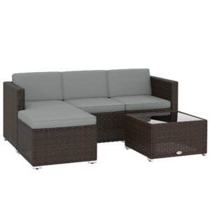 Outsunny 3 Pieces Garden Furniture Set w/ Cushions, PE Rattan Wicker Conversation Corner Sofa Set, Light Grey