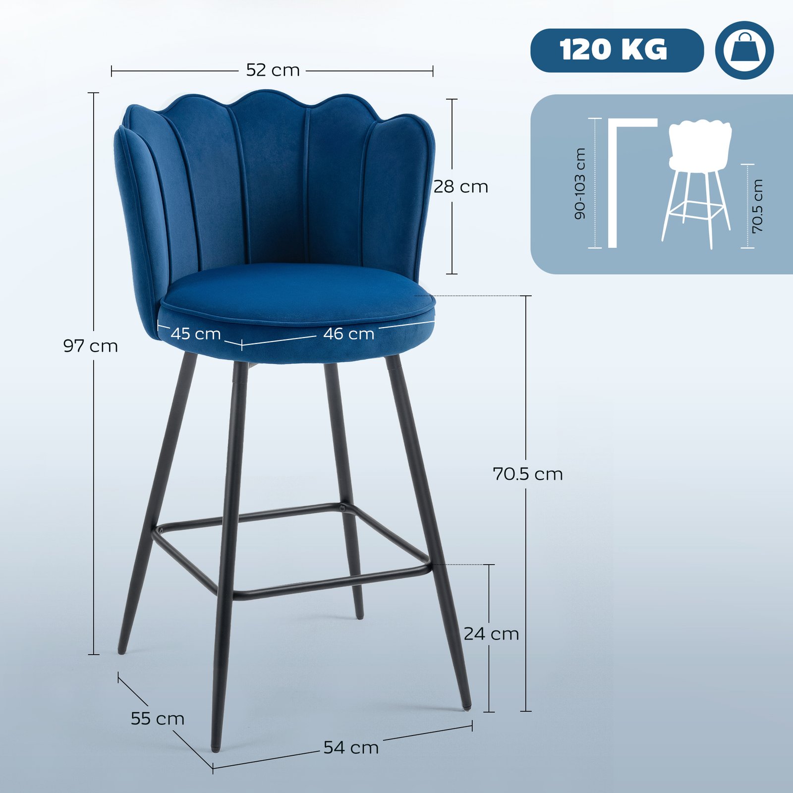 HOMCOM Set of Two Velvet-Feel Lotus Bar Stools - Dark Blue - Image 3