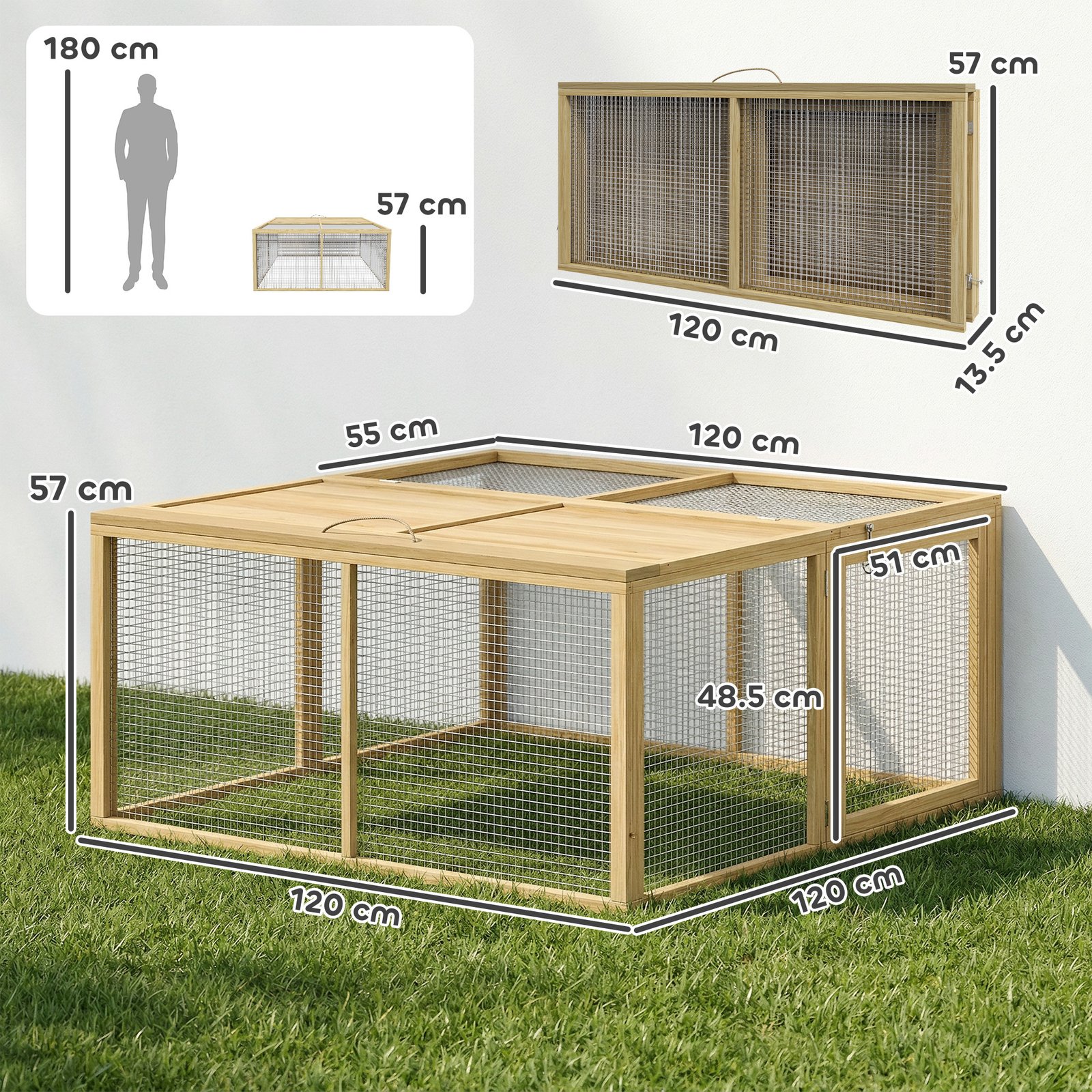 PawHut Wooden Folding Rabbit Hutch, for 2-3 Rabbits - Natural Wood - Image 3