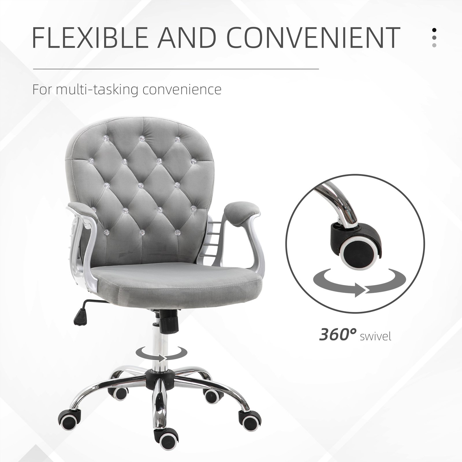 Vinsetto Office Chair, Swivel Desk Chair, Velvet Vanity Chair with Adjustable Height and Rolling Wheels for Home Work Study, Grey - Image 7