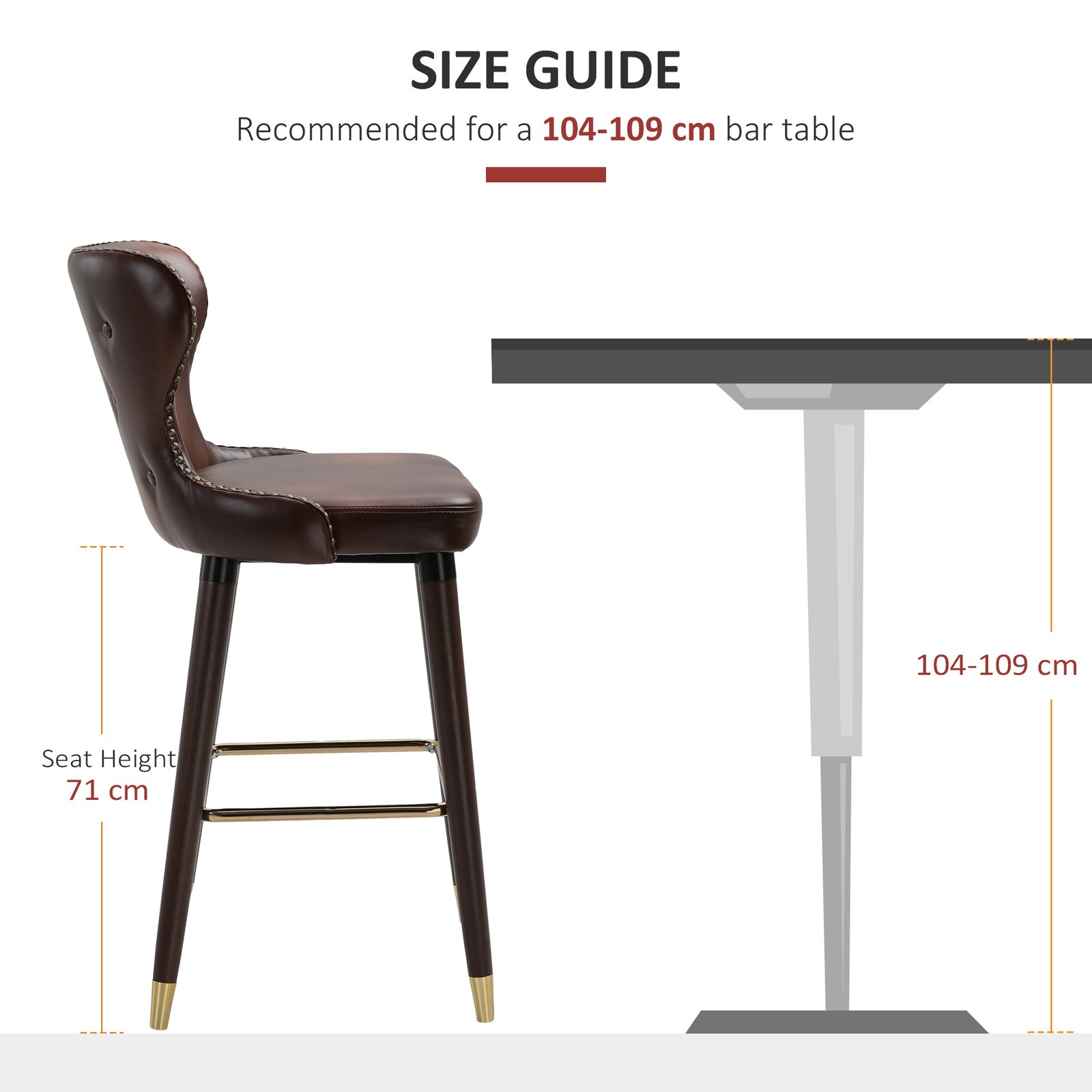 HOMCOM Bar Stools Set of 2, PU Leather Barstools with Back, Footrest and Wood Legs for Kitchen, Counter, Breakfast Bar, Brown - Image 7