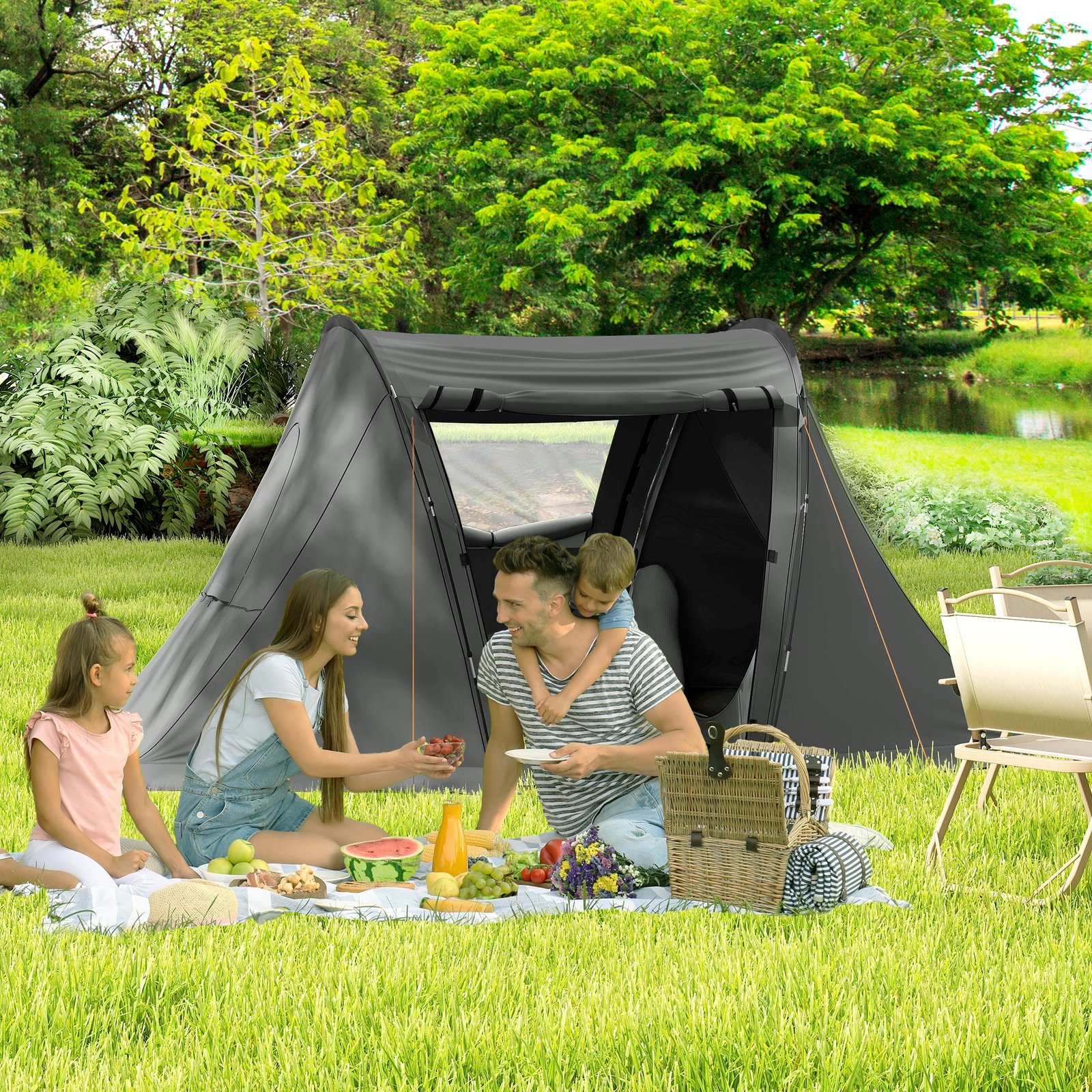 Outsunny 3 Man Camping Tent with Living Area and 2 Bedrooms, 3000mm Waterproof Family Tent with Sewn-in Groundsheet and bag, Portable Dome Shelter for Hiking, Festival, Backpacking, Drak Grey - Image 2