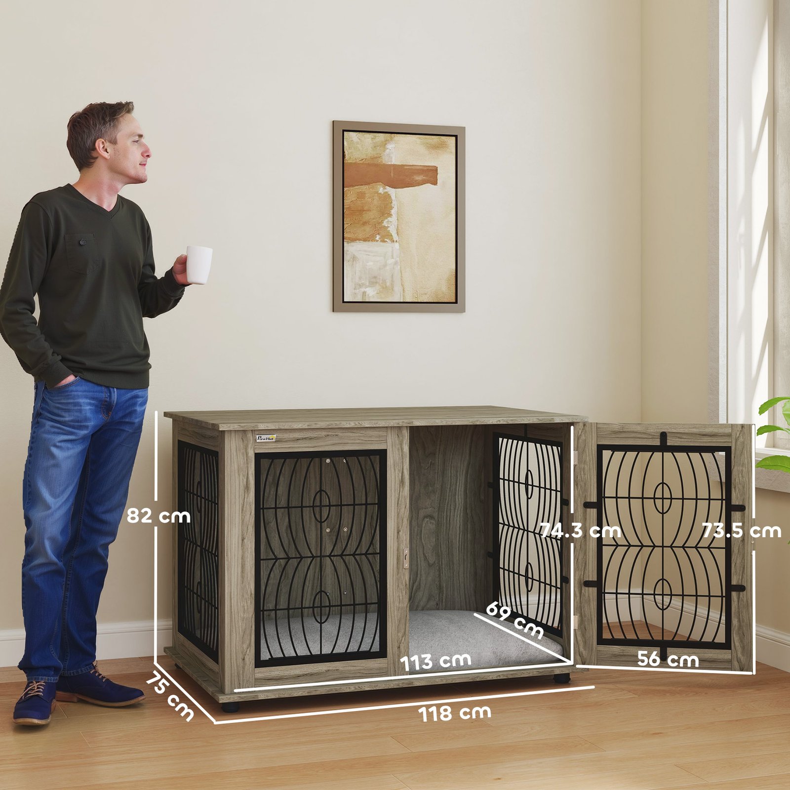 PawHut 46.46'' Dog Crate Furniture Table with Soft Washable Cushion and Lockable Door, for Large Indoor Dogs, Grey - Image 3