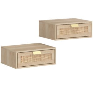 HOMCOM Floating Bedside Tables Set of 2, Wall Mounted Bedside Cabinets with Rattan Drawer and Wood Effect, Oak