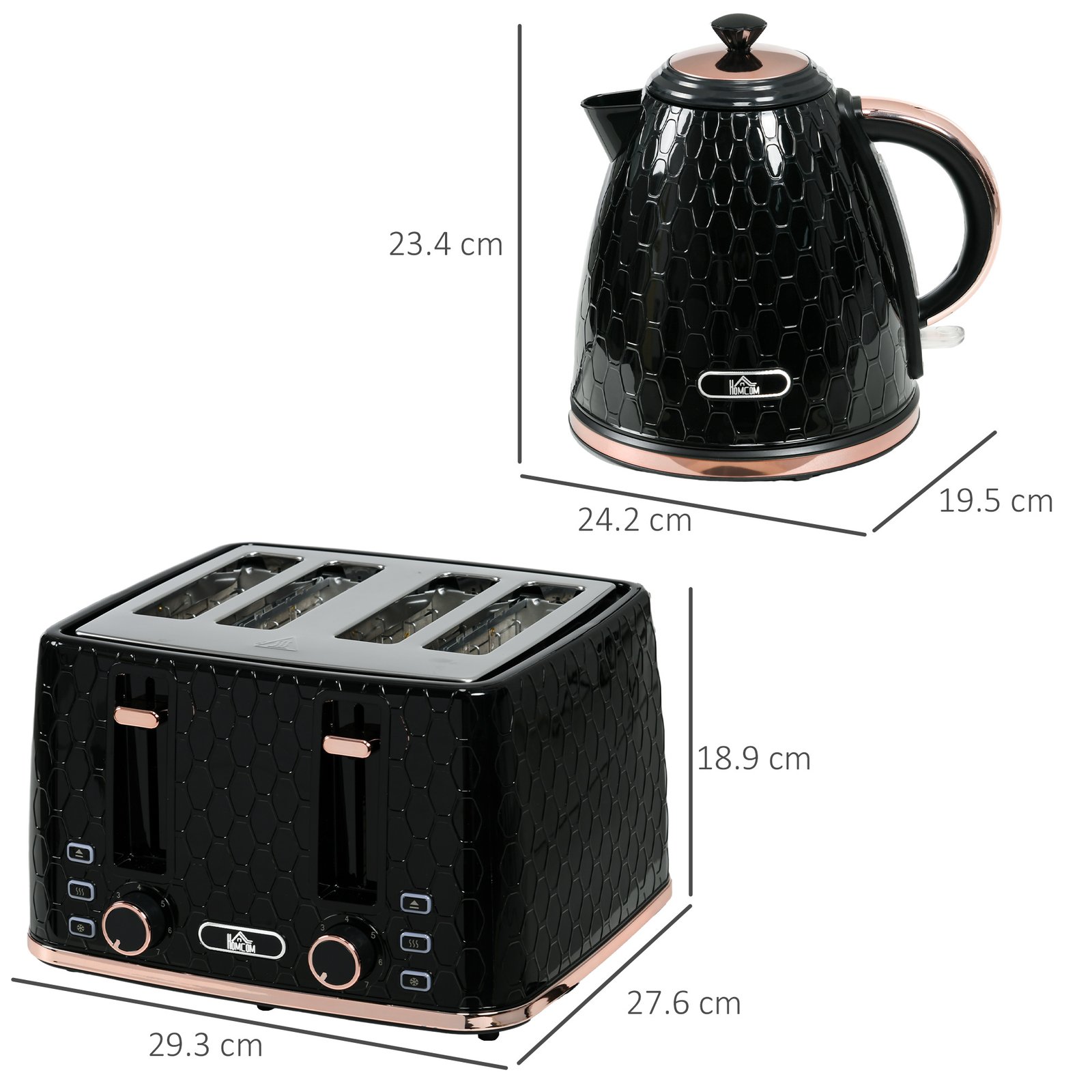 HOMCOM 1.7L 3000W Fast Boil Kettle & 4 Slice Toaster Set, Kettle and Toaster Set with 7 Browning Controls, Crumb Tray, Black - Image 3