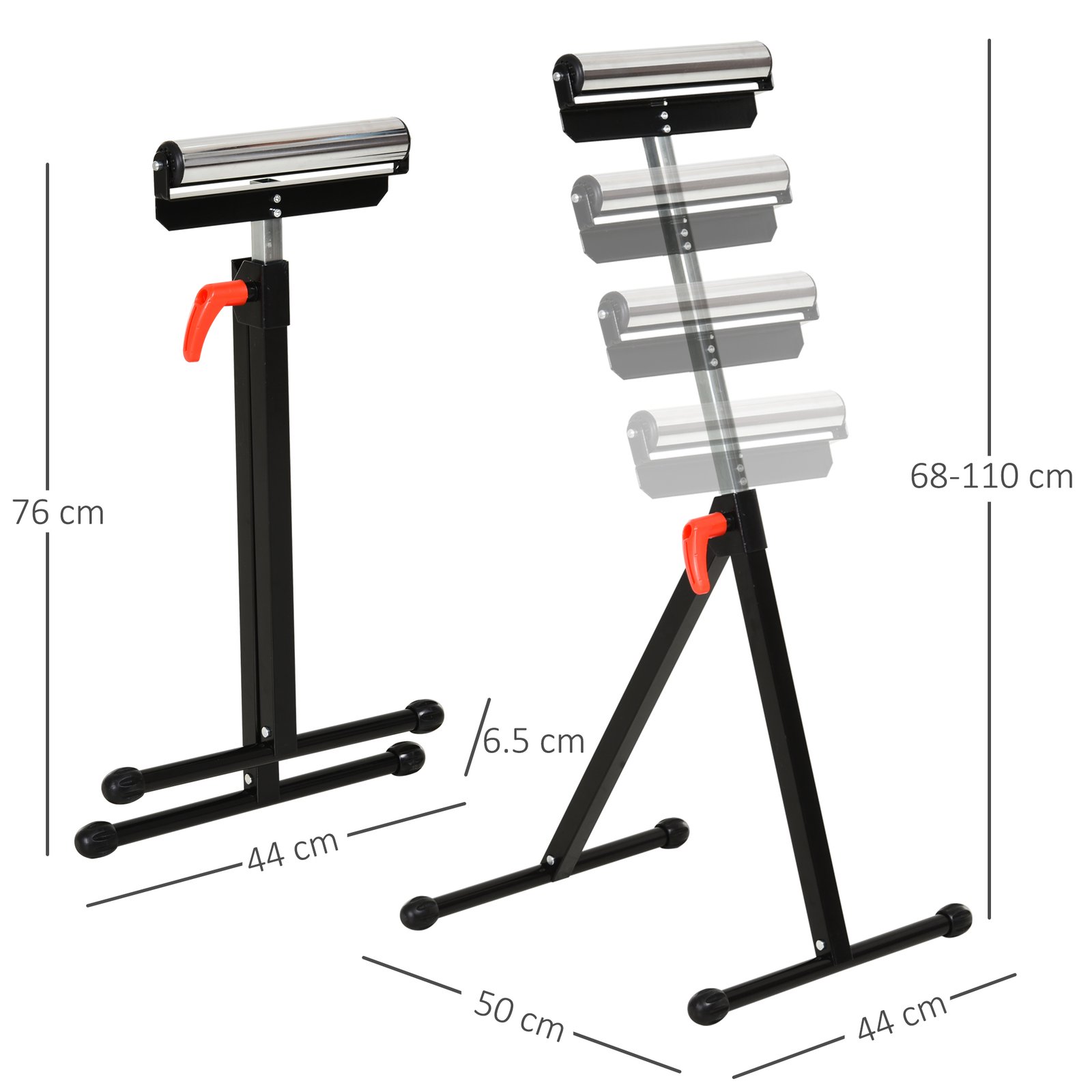 HOMCOM Set of 2 Folding Roller Stand, Material Support Pedestal with Ball Bearing Roller Height Adjustable Portable, Metal Construction, Black - Image 3