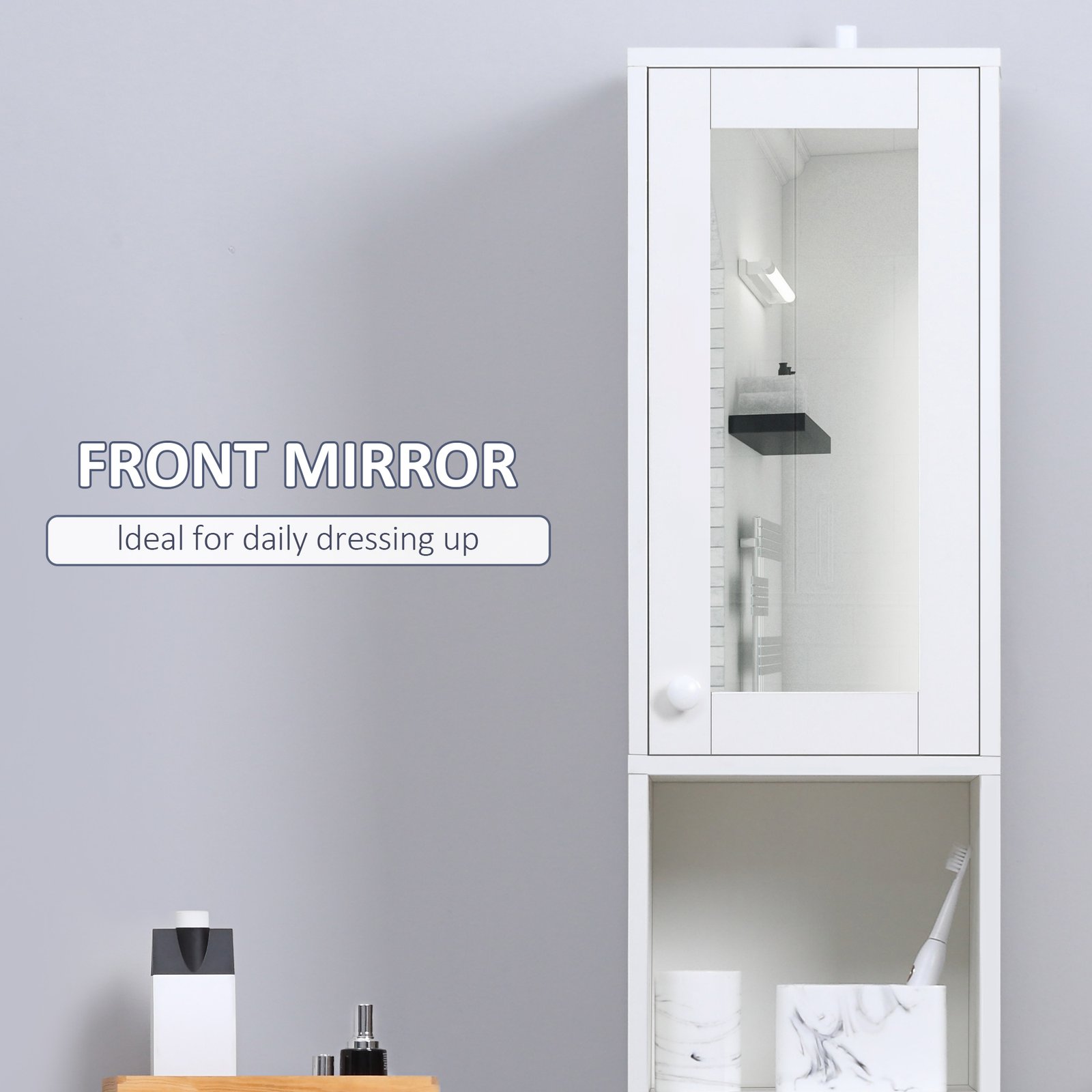 kleankin Tall Bathroom Storage Cabinet with Mirror, Narrow Bathroom Unit, Freestanding Bathroom Cupboard with Adjustable Shelves and 2 Doors, White - Image 4