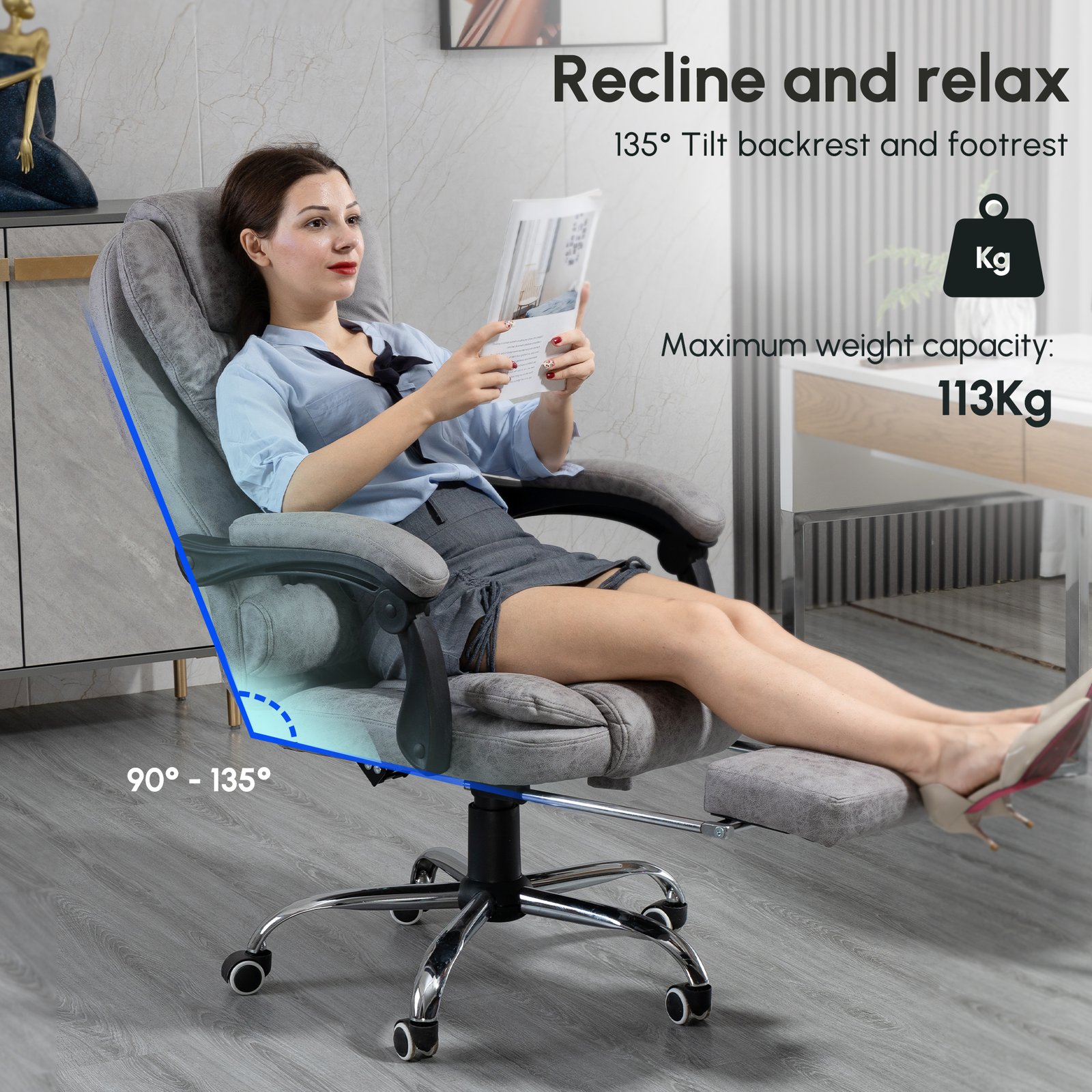 Vinsetto Heated 6 Points Vibration Massage Executive Office Chair Adjustable Swivel Ergonomic High Back Desk Chair Recliner with Footrest Grey - Image 9