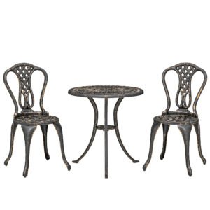Outsunny Outdoor Bistro Set for 2 Cast Aluminium Patio Furniture with Round Table Umbrella Hole Brown
