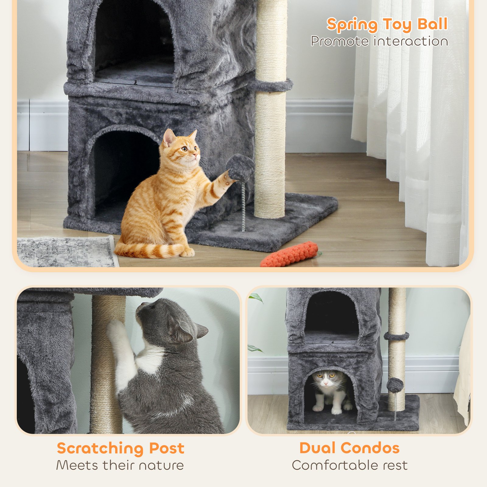 PawHut 66 cm Small Cat Tree for Large Cats, Cat Tower w/ Large Top Perch, 2 Condos, Sisal Scratching Post, Toy Ball, Dark Grey - Image 5