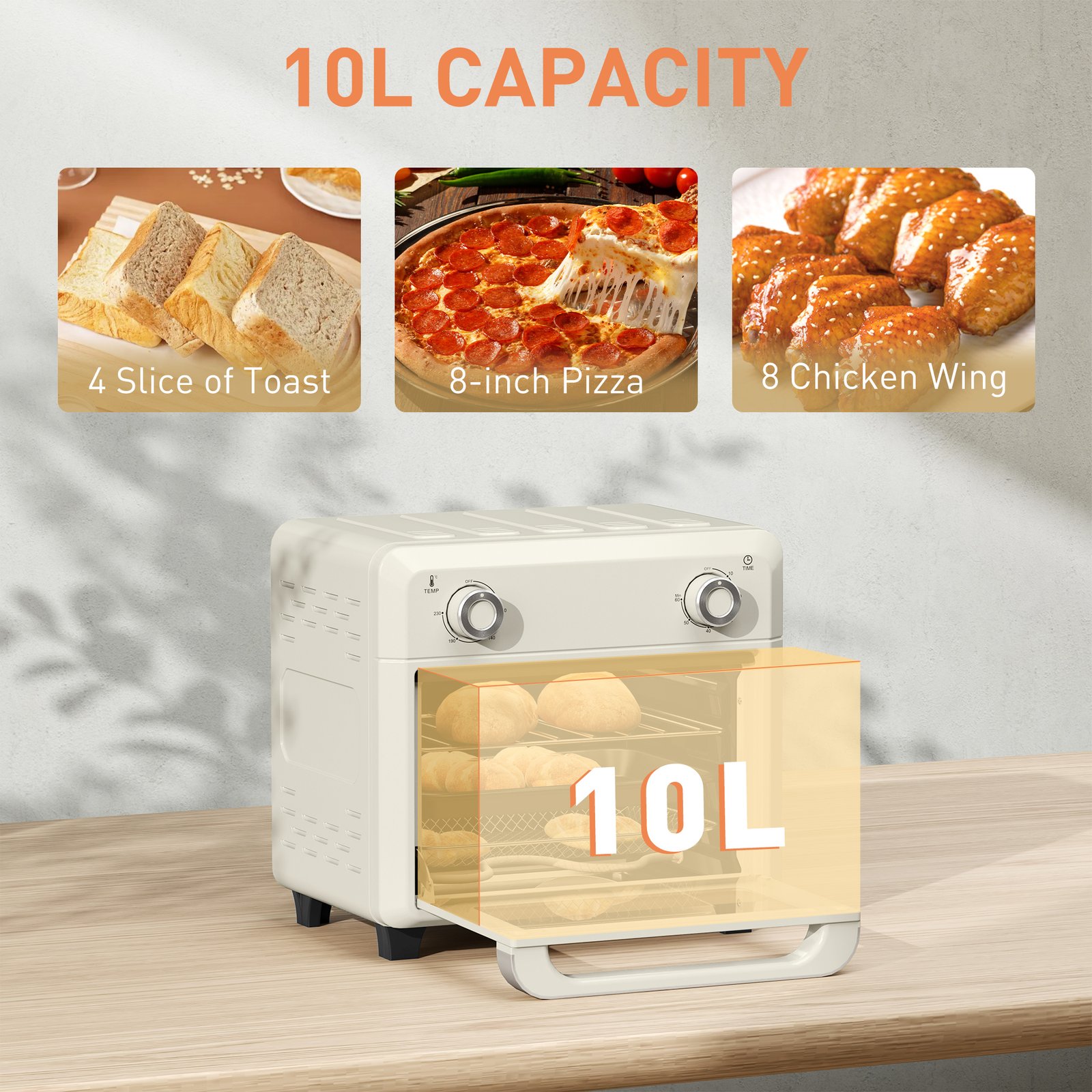 HOMCOM 10L Air Fryer Oven, Mini Oven, Oil Free Cooking, Grill, Roast, Bake, with Adjustable Temperature, Timer, Dishwasher Safe, 1000W, Cream White - Image 4