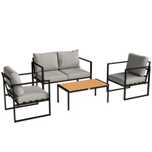 Outsunny Outdoor Garden Furniture Set, 4 Piece Patio Furniture with Slatted Table, Indoor Outdoor Balcony Patio Conservatory Set