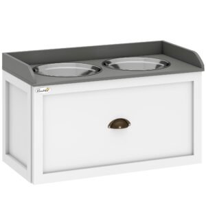 PawHut Stainless Steel Raised Dog Bowls, with 21L Storage Drawer for Large Dogs and Cats - White