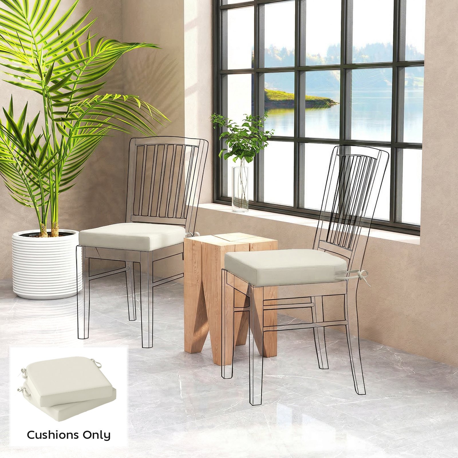 Outsunny Outdoor Chair Seat Cushions Set of 2, Garden Chair Cushions with 7cm Thick Foam & Ties, Cream White - Image 2