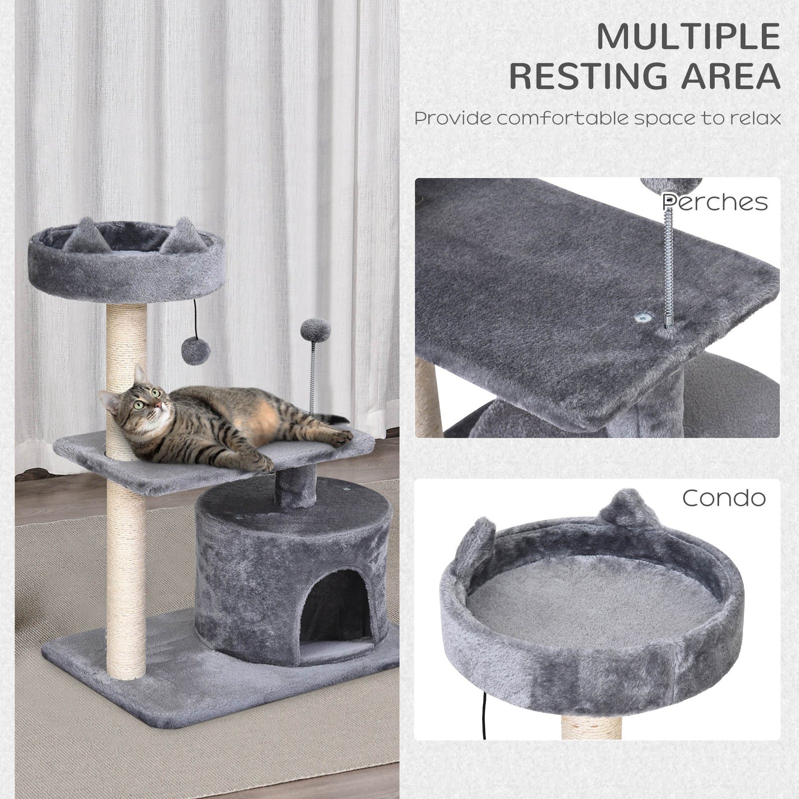 PawHut Cat Tree for Indoor Cats with Scratching Post Climbing Tower Kitty Activity Centre Condo Perch Jumping Platforms Grey 60L x 40W x 81H cm - Image 5