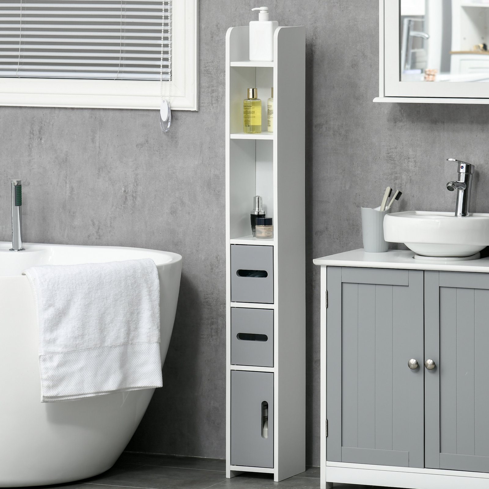 kleankin Modern Bathroom Storage Cabinet, Freestanding Tall Bathroom Cabinet with Open Shelves and 3 Cupboards with Door, for Bedroom Hallway, Grey - Image 2
