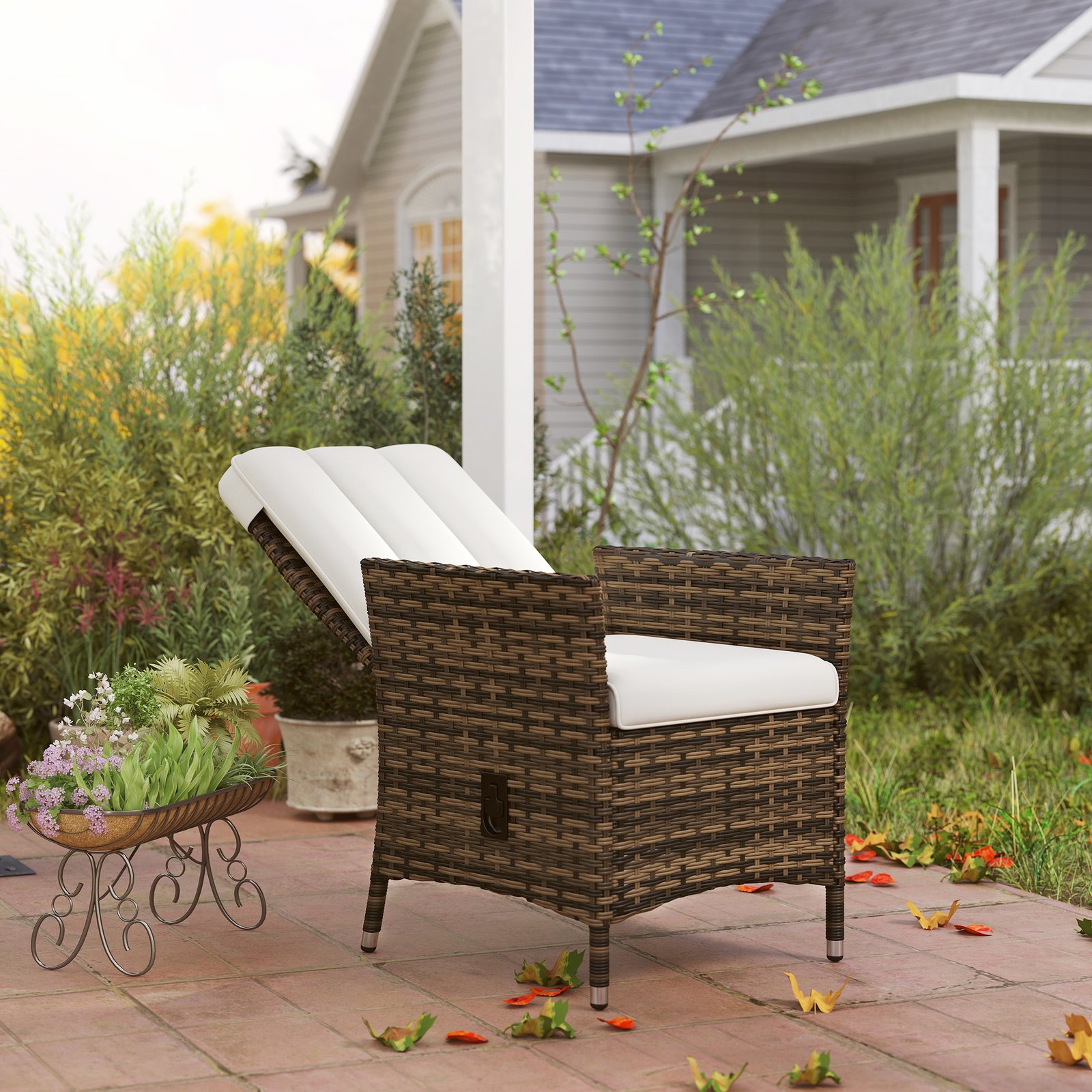Outsunny 105°-150° Reclining Rattan Chair - Cream - Image 9