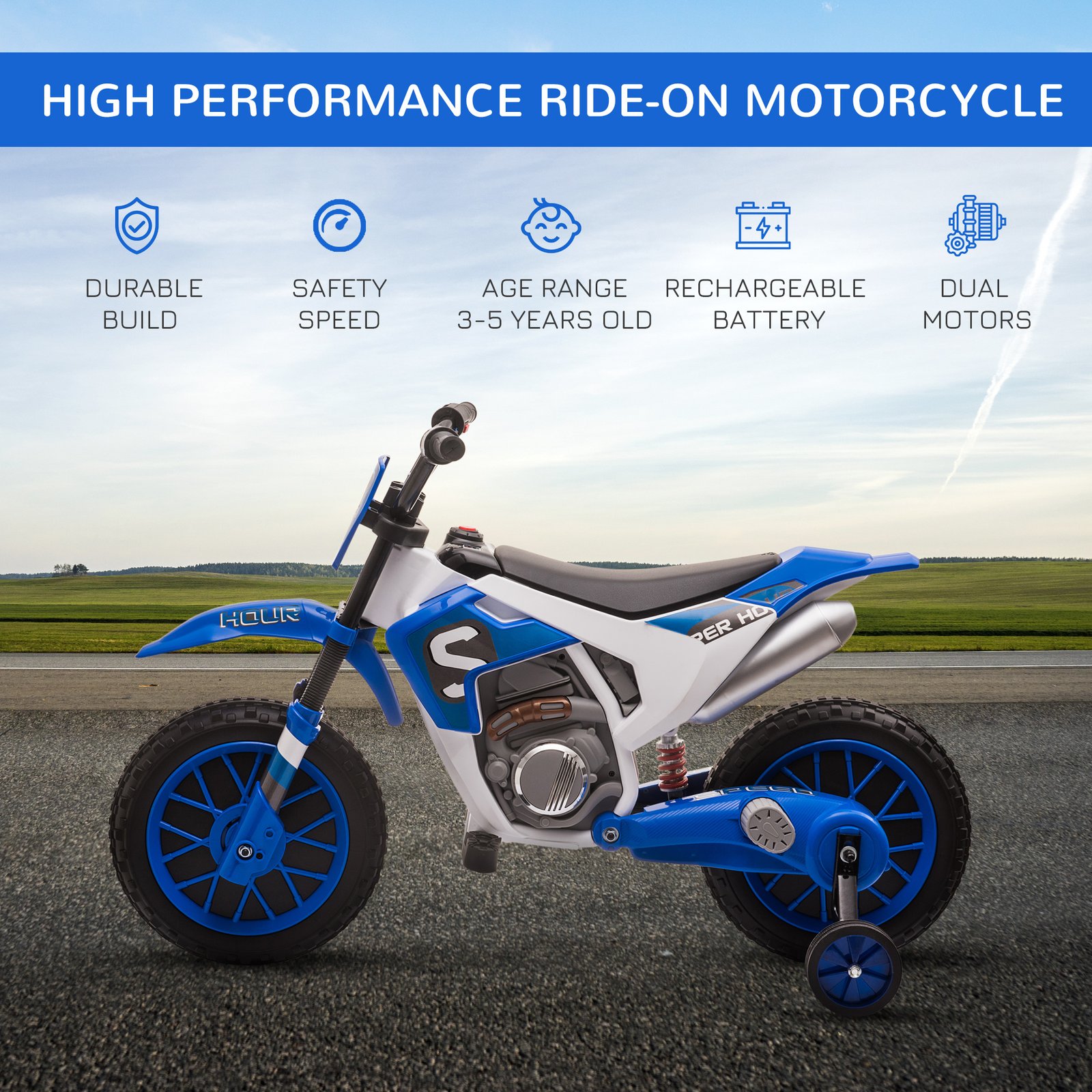 HOMCOM 12V Kids Electric Motorcycle Ride-On, with Training Wheels, for Ages 3-6 Years - Blue - Image 4