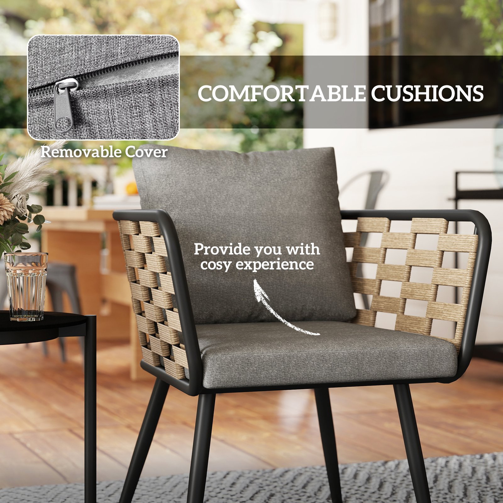 Outsunny 3 Pieces Rattan Bistro Set with Washable Seat and Back Cushions, Glass Top Coffee Table, for Outdoor, Patio, Black - Image 5