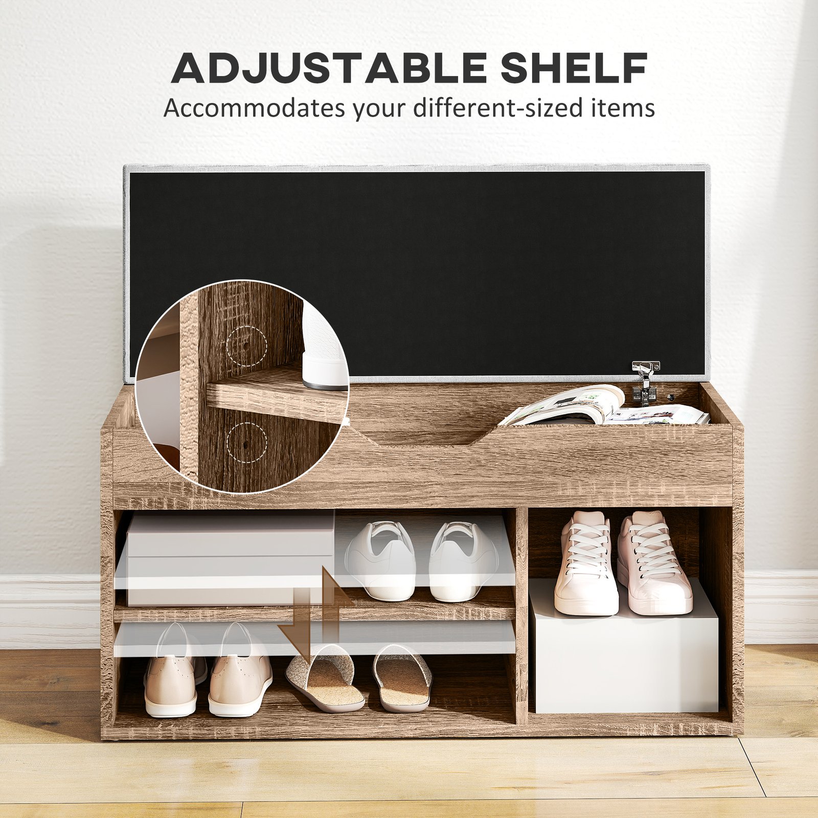 HOMCOM Shoes Cabinet Bench Hidden Storage Padded Seat Organiser Footwear Rack Hallway Grey Wood Grain - Image 7