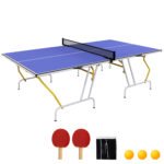 SPORTNOW 9FT Foldable Table Tennis Table, with Cover, Net, Paddles, Balls – Blue SPORTNOW 9FT Foldable Table Tennis Table, with Cover, Net, Paddles, Balls – Blue